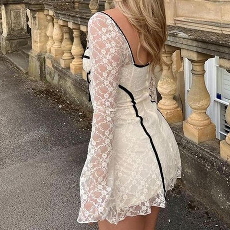 European and American women's clothing slim-fitting lace hollow-out splicing short skirt flared sleeve sexy dress women's high waist and thin babes