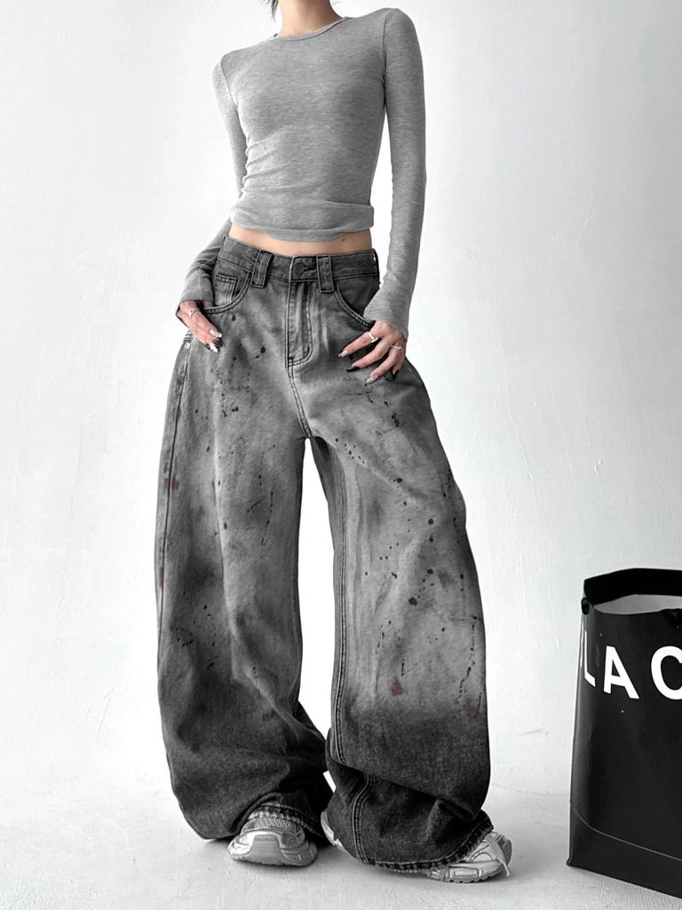 Women's 2025 Autumn High-Waist Wide-Leg Graffiti Jeans