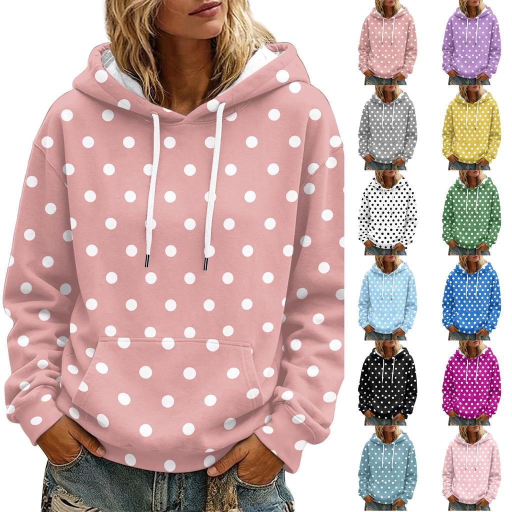 Women's Polka Dot Print Hooded Long Sleeve Sweatshirt with Pocket and Casual Top