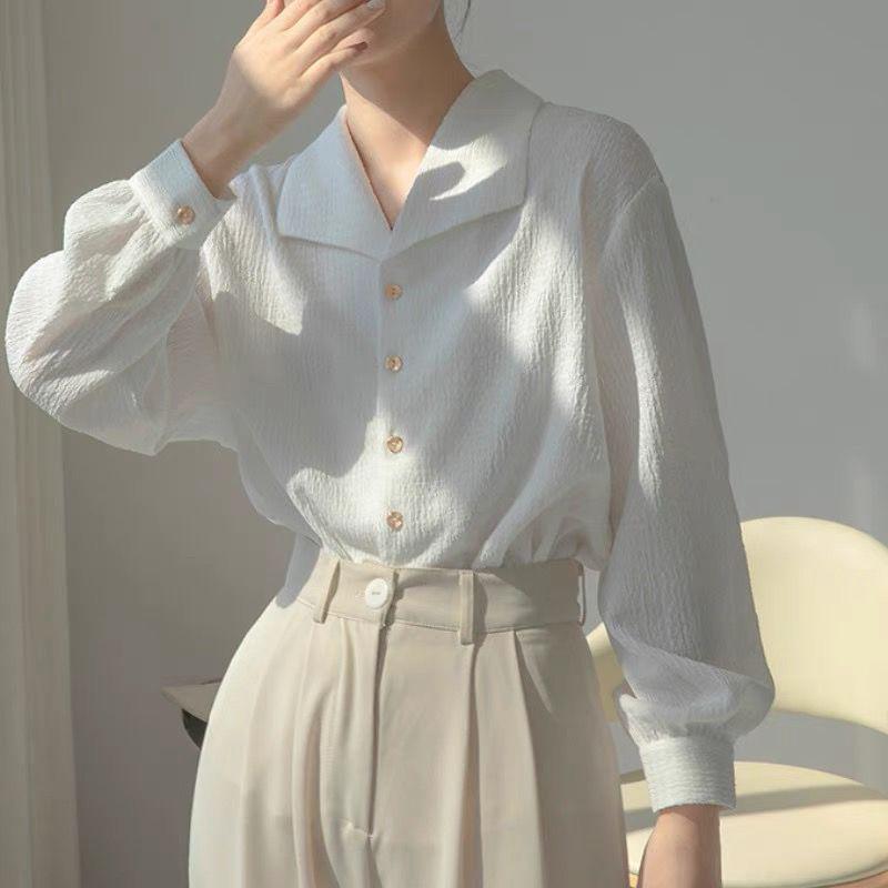 Women's Textured White Shirt - Loose French Style, Spring/Summer 2025