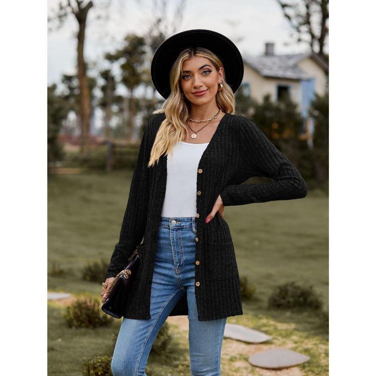 New Autumn Women Cardigan Jacket Brushed Long Sleeve Pit Stripe Solid Color Clothing S чёрный