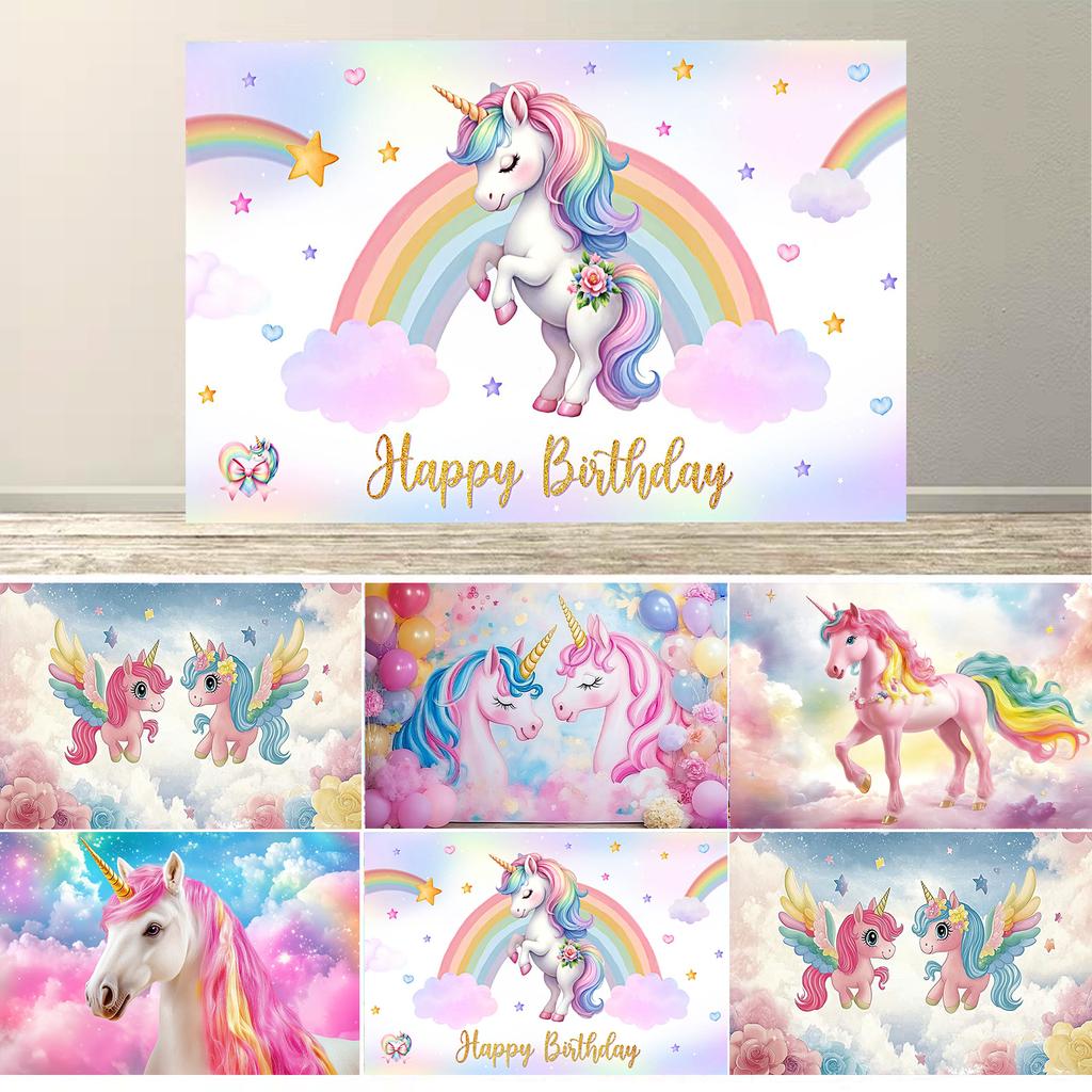 Dewprint Unicorn Birthday Decorations Backdrop for Girls Rainbow Glitter Stars Dots Happy Birthday Banner Photo Booth Props