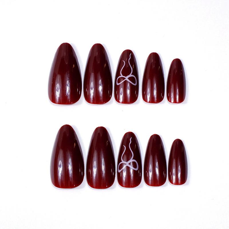 European And American Valentine'S Day 24 Nail Art Burgundy Solid Color Bow Long Almond Wear Armor