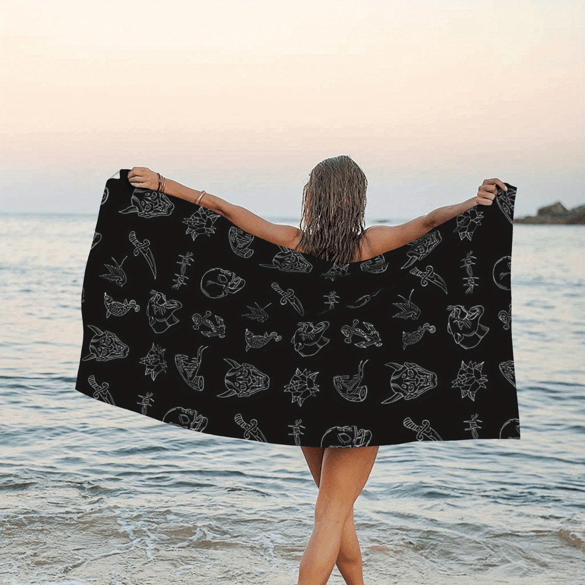 

Tattoo Style Beach Towel, Traditional Design Microfiber Quick Dry Absorbent Soft Portable for Seaside Camping Travel Gift W30*H60(CM)
