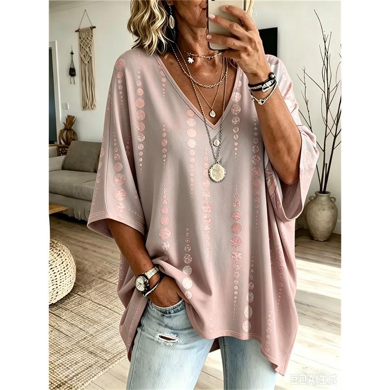 Plus-Size Women's V-Neck Batwing Sleeve T-Shirt Bohemian Ethnic Print Loose Top Summer Comfortable Breathable Daily Commute Casual Slimming Style
