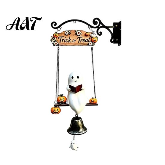Retro Pumpkin Bat Bell Ghost Wind Chime Wall Hanging, Halloween Porch Yard Decor with Resin Metal Bell, Aged Relief Ornament Vintage Farmhouse