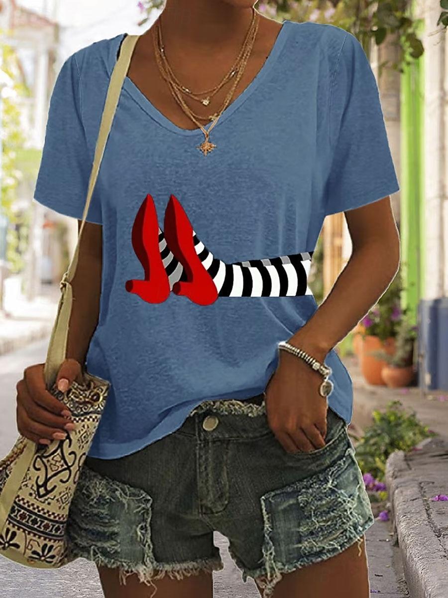 

Women s T shirt Witch Graphic Vintage Stylish Classic Short Sleeve V Neck Regular Tops Daily Print Black White Blue Green Summer Spring 3XL синій
