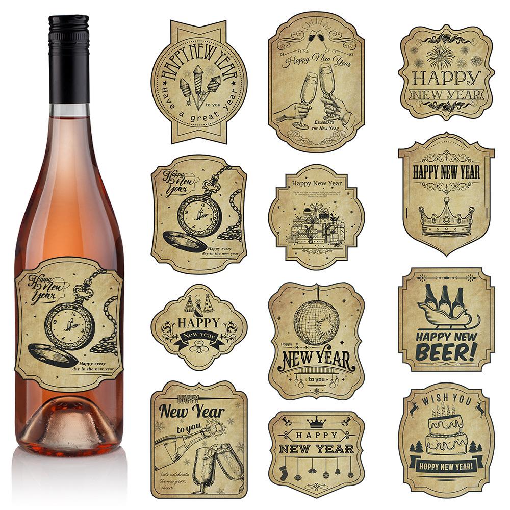 New Style, New Year Theme, Red Wine Bottle Stickers, Vintage Copperplate Paper, Adhesive Bottle Stickers, Party Desktop Decoration Supplies