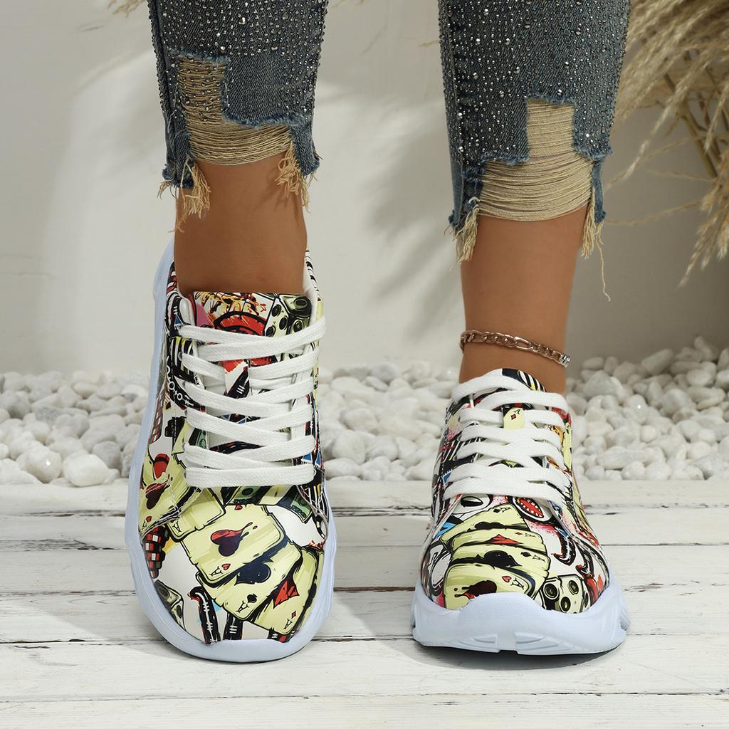 Sneakers Large Size Sneakers Women's Outer Wear Muffin Thicksole Front Lace-Up Low Top Full Graffiti Casual Sneakers