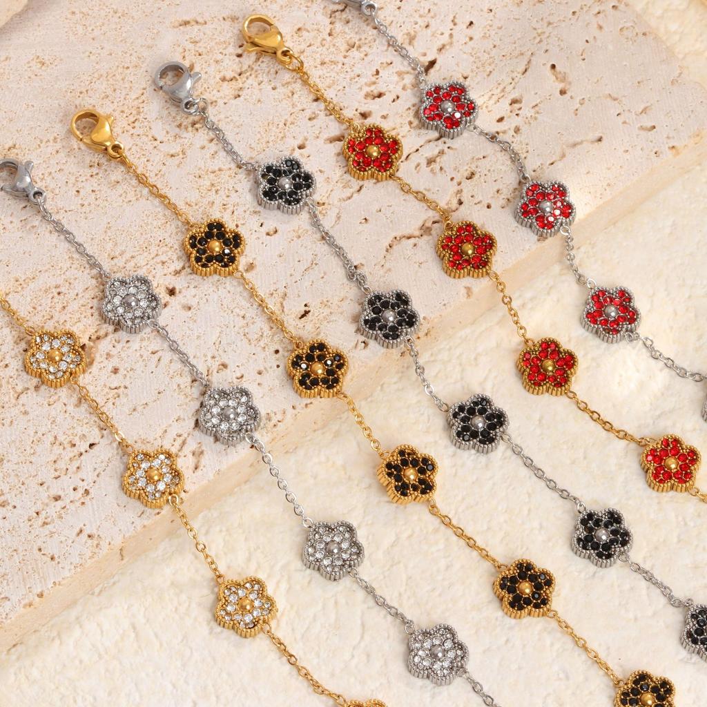 Htpwe Stainless Steel Four-leaf Clover Inlaid Zirconium Small Bracelet Women 18k Gold Couple Holiday Gift Bracelet Party Zircon