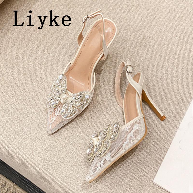 Fashion Liyke Fashion Design Crystal Bowknot Women Pumps Sexy Mesh Pointed Toe High Heels Party Shoes Female Slingback Sandals White