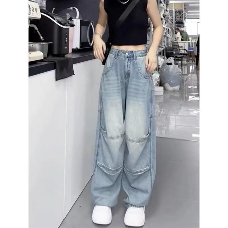 

Женские джинсы Spicy Girl светло-голубые широкие штанины - 2025 весна/осень стройнящие прямые штанины свободного кроя 2XL светло-синий