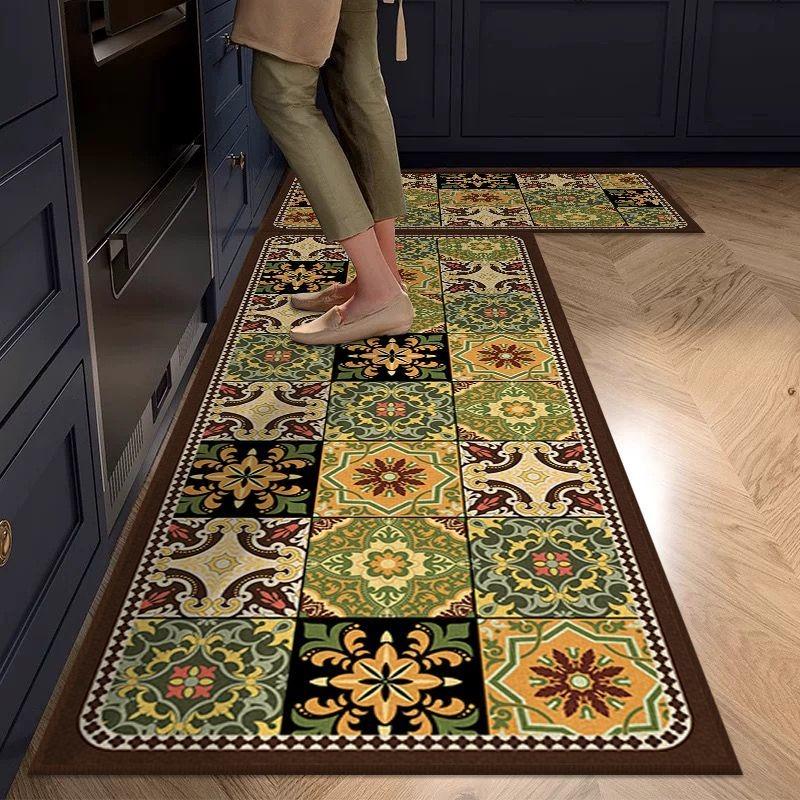 Carpet for Kitchen Pvc Leather Non-slip Floor Mat Long Strip Waterproof Oil-proof Mats Retro Colorful Plaid Style Decorative Rug