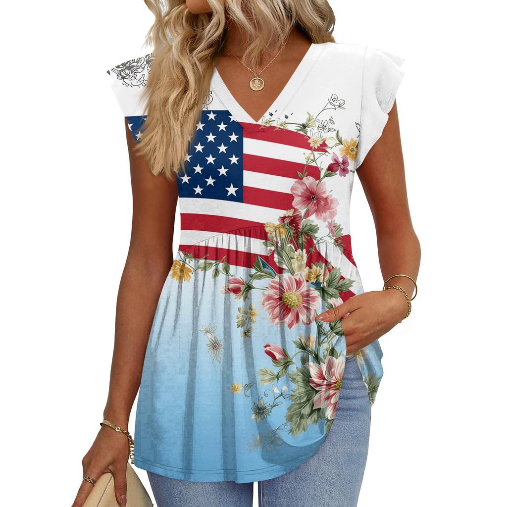 Women’s V Neck Short Sleeve Tunic Top with Flag and Floral Print Loose Fit Soft Fabric Casual Blouse for Summer