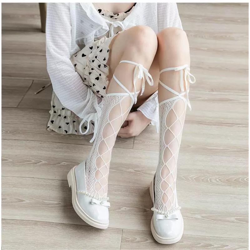 Japanese Style Hollow OutjkWomen's Calf Socks Spring Summer Lace Bowknot Socks Trendy Personality Fishnet Mid-Calf Stockin