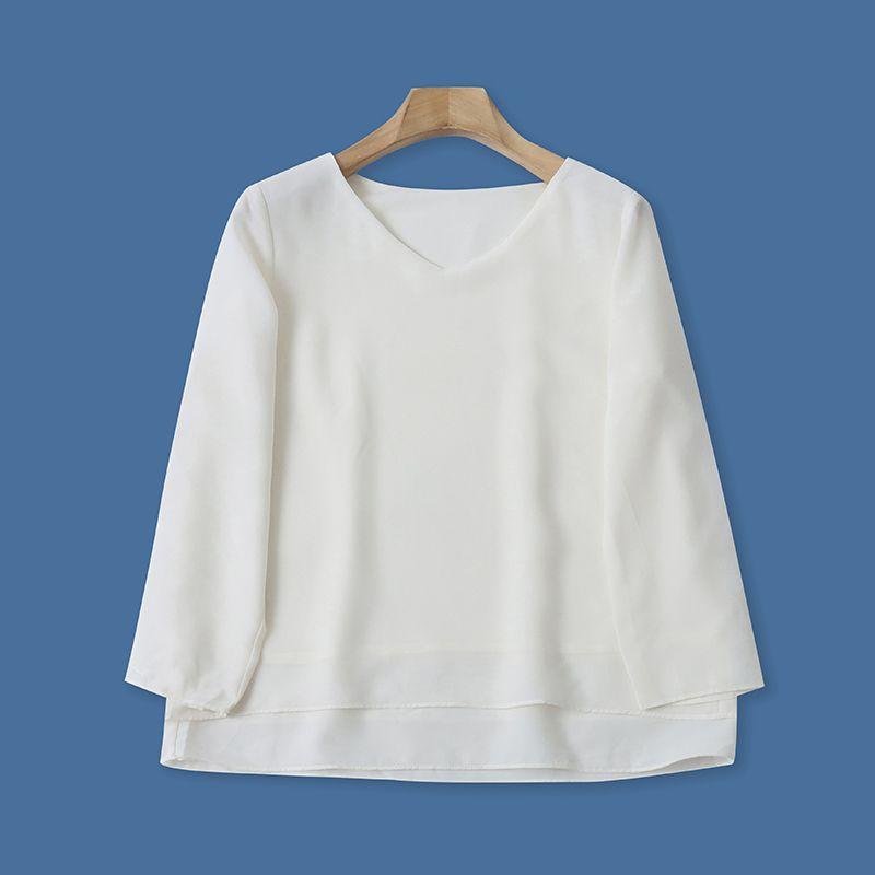 

1Q/30/34 Orders Exported to Japan Spring New Foreign Trade Women clothes Fashion Loose V-neck Pullover 3/4 Sleeve Chiffon Top Beige L