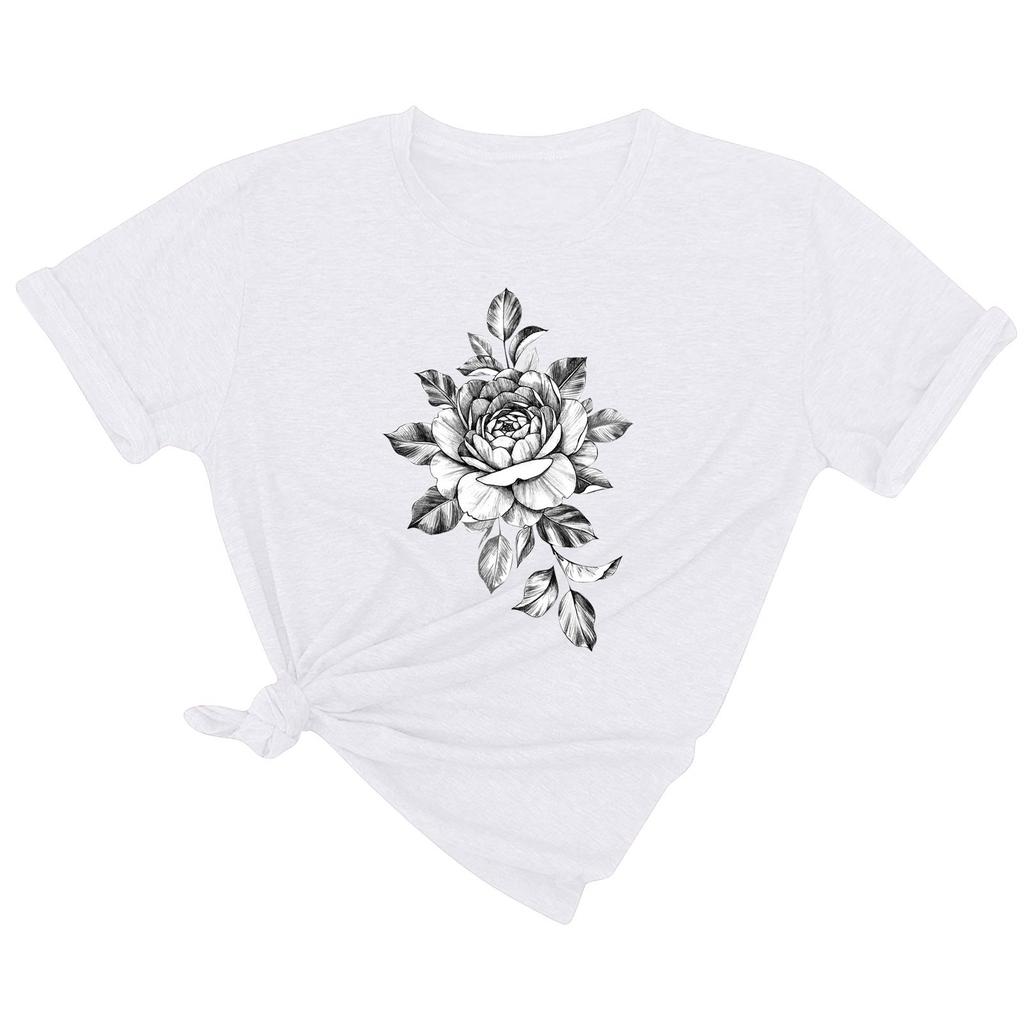 Women's Fashion Solid Color Round Neck Floral Print Pullover Casual T-Shirt