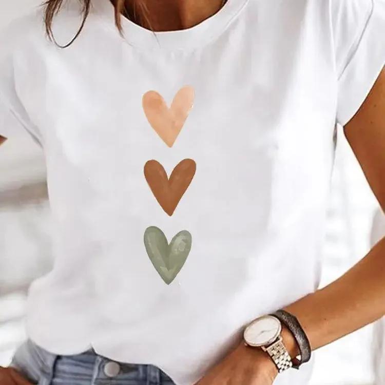 Y2k Love Heart Print Women Summer T Shirt Girl O Neck Funny Y2K Tops Tee Female 90s Casual Clothing