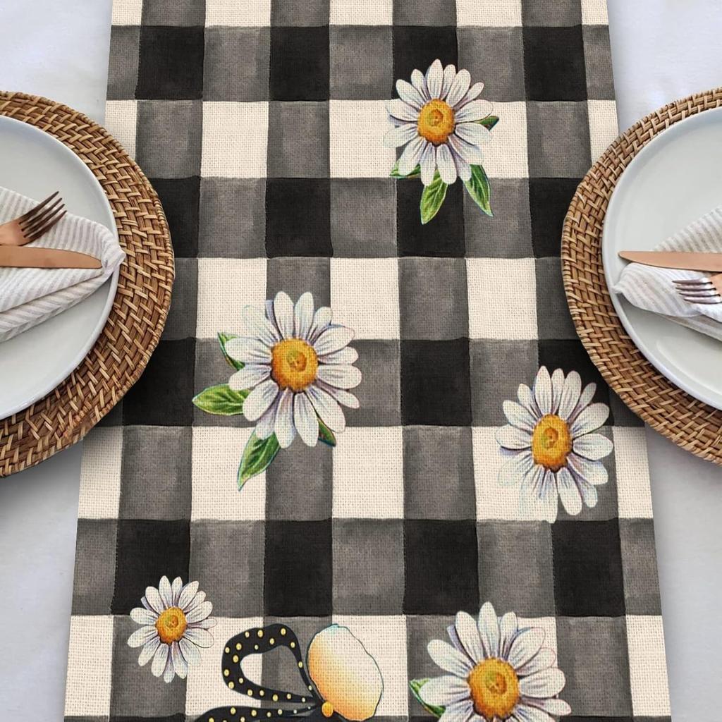 Seliem Spring Bee Gnome Table Runner, Honey Black White Buffalo Plaid Check Home Kitchen Dining Decor, Summer Seasonal Farmhouse Daisy Decorations