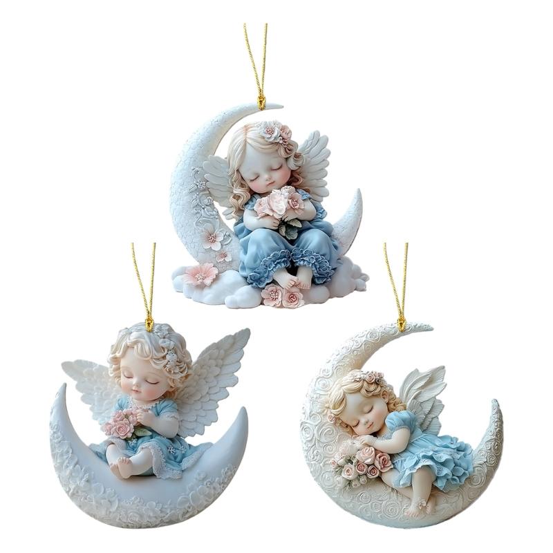 2D Flat Acrylic Angel Baby On Moon Sculpture Hanging Pendant Charm Christmas Tree Ornament Car Interior Decors Gifting