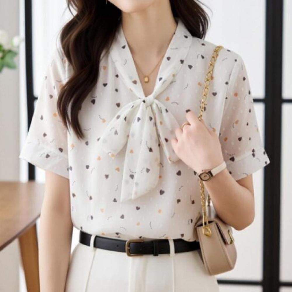 Navava Women Lovely Stylish Heart Pattern Ribbon Neck Short Sleeve Blouse Nb3186