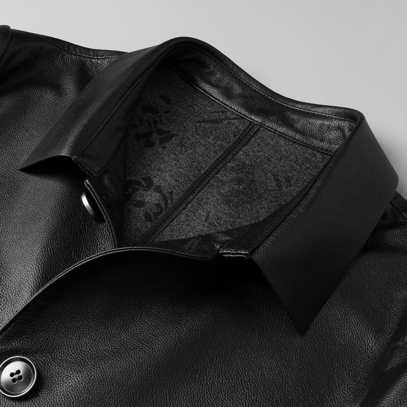 Autumn and Winter New Men's Genuine Leather Jacket Men's Mid-length Cowhide Leather Jacket Lapel Jacket Business Men's Wear