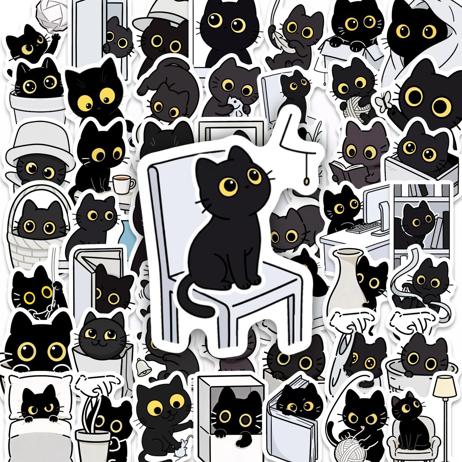 

50 Cute Little Black Cat Cartoon Stickers Fun Daily Scenes Graffiti Stickers Water Cup Notebook Hand Account Decorative Stickers