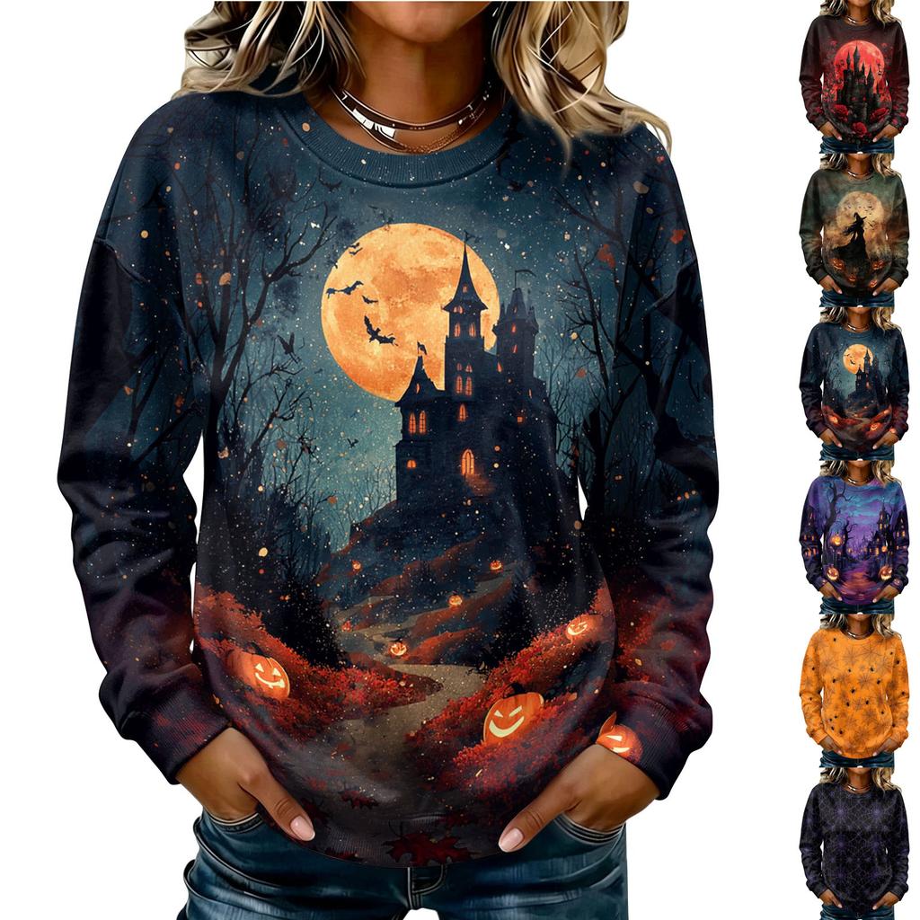 Women's Casual Long Sleeve Halloween Print Round Neck Sweatshirt Top