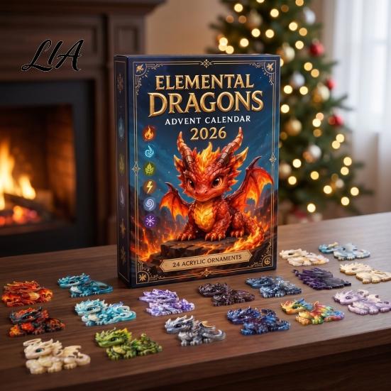 Countdown Gift Box Christmas Dragon Calendar, with 24 Acrylic Decorations, Days Souvenir Ornament Box, Holiday for Lovers Decorations