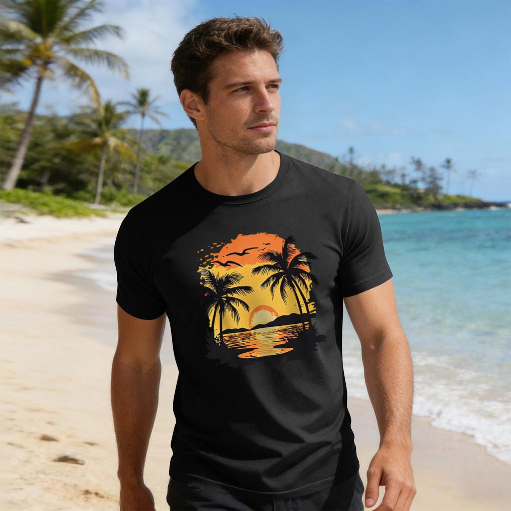 Top Masculino Estampa de Férias Gola Redonda Manga Curta Casual Esportivo