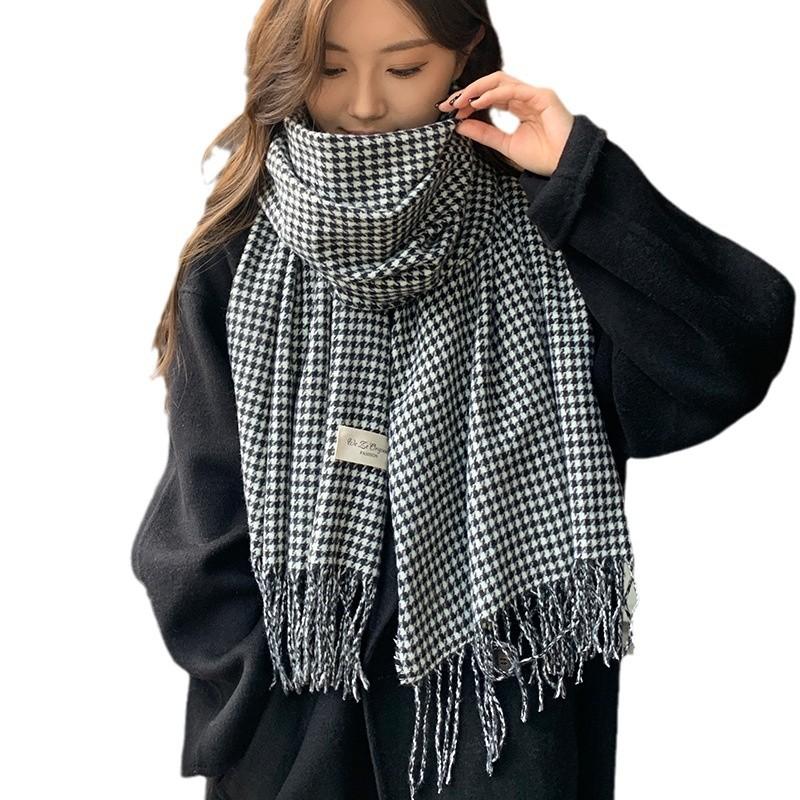 Autumn and Winter New Tassel Thousand Bird Grid Scarf Winter Women's Versatile Scarf Warm Shawl