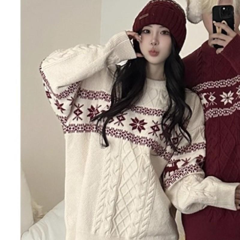 Unisex Nordischer Weihnachtsstrickpullover mit Hirschmotiv Zopfmuster Lockerer Schnitt Winterpullover Teenager Erwachsene