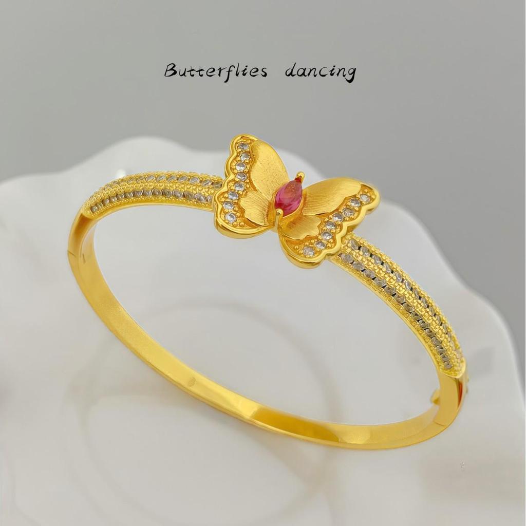 Gold-Plated Ruby Diamond Butterfly Bangle Bracelet - Women's Luxury Fashion Jewelry