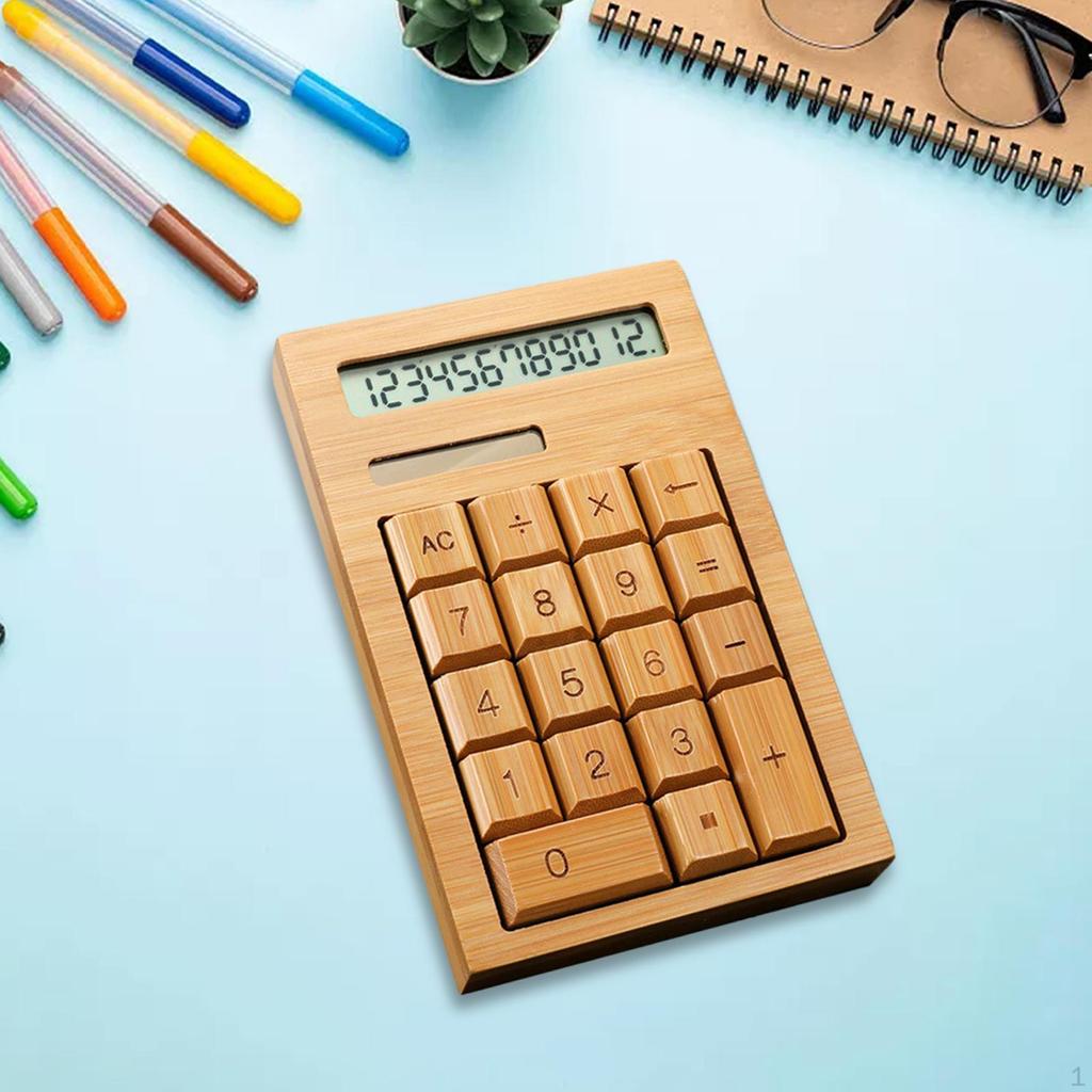 Solar Powered Calculator 12 Digit Desktop Calculator,Bamboo,Large Buttons,Easy To Use for Students