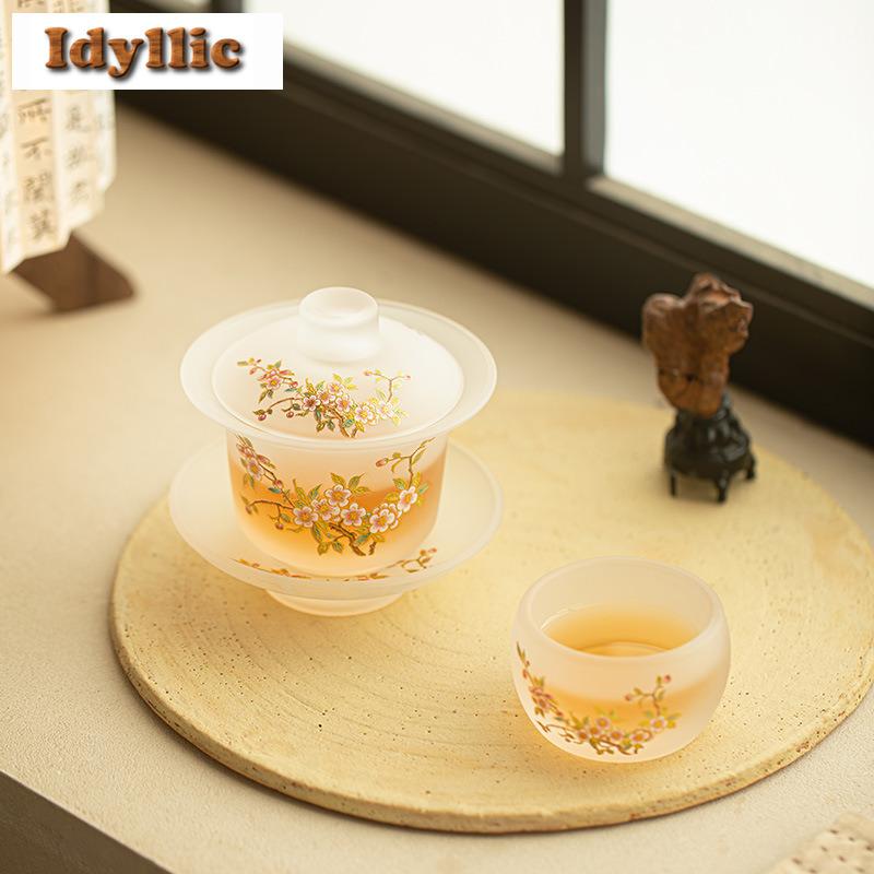 150ml Peach Blossom Frosted Glass Gaiwan Elegant Tea Tureen Tea Bowl With Lid Kit Tea Maker Cover Bowl Drinkware Supplies Gift