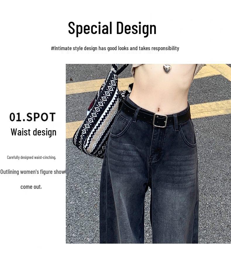 Women's High Waist Wide Leg Jeans - Black & Grey, Spring/Autumn, Plus Size, Floor Length, Straight Leg, Slimming.