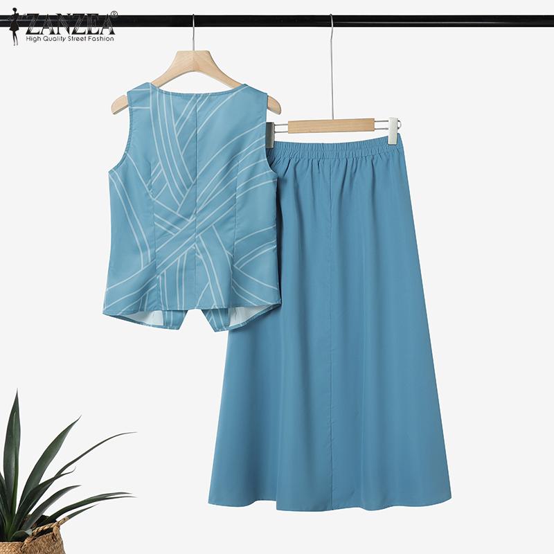 ZANZEA Women Print Tank Tops and Long Skirts Summer Two Piece Suit Sets