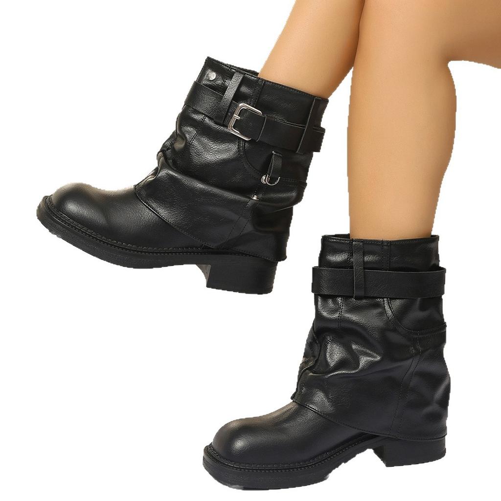 Fashion Belt Buckle Western Boots Women's Spring and Autumn New Imitation Leather Thick-soled Thick-heeled Short Boots Pleated European and American