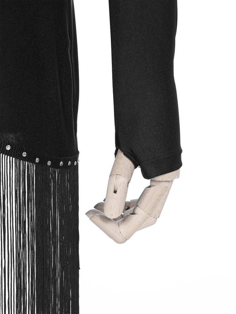 Womens Tango Dance Dress Oblique Shoulder Fringed Design with Sheer Mesh Patchwork and Irregular Hem Latin Costume