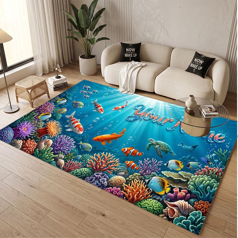 Fish Ocean Theme Soft Crystal Velvet Rug Custom Name & Text Print Non Slip Floor Rug for Bedroom Living Room
