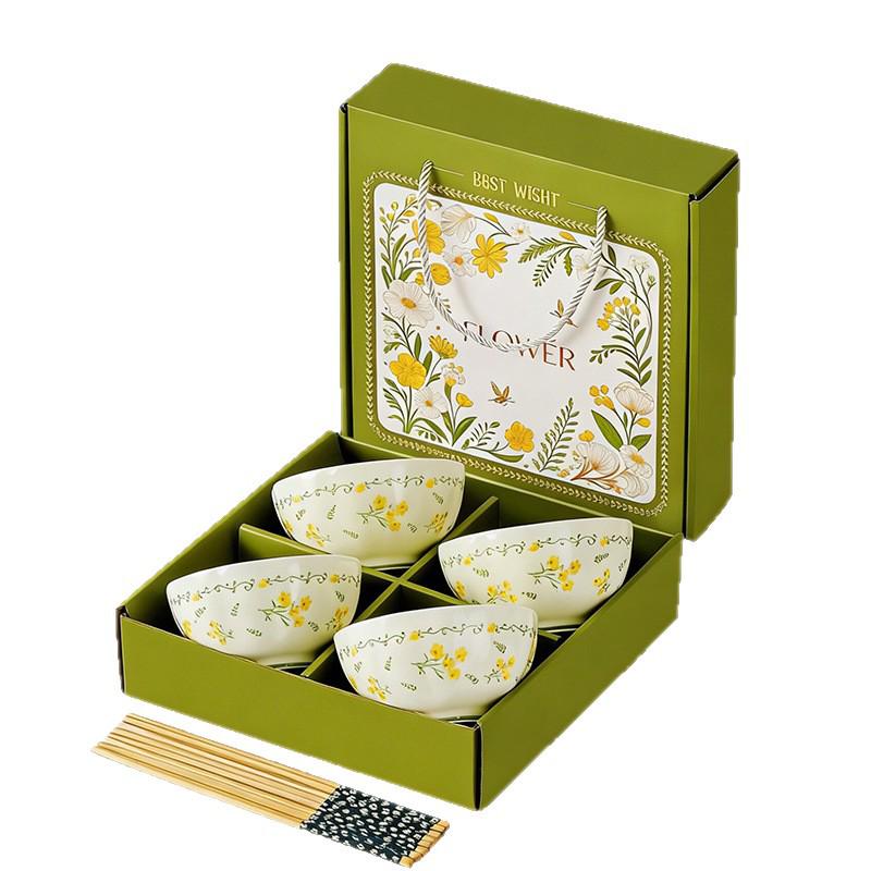 Ceramic Tableware Set with Bowls, Chopsticks & Spoons - Gift Box for Housewarming & Events