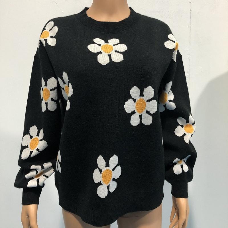 Höst Vinter Rundhals Stickad Pullover Tröja Dam Mode Söt Långärmad Lös Tröjor Dam Krysantemumtryck Varma Stickade Toppar 24638