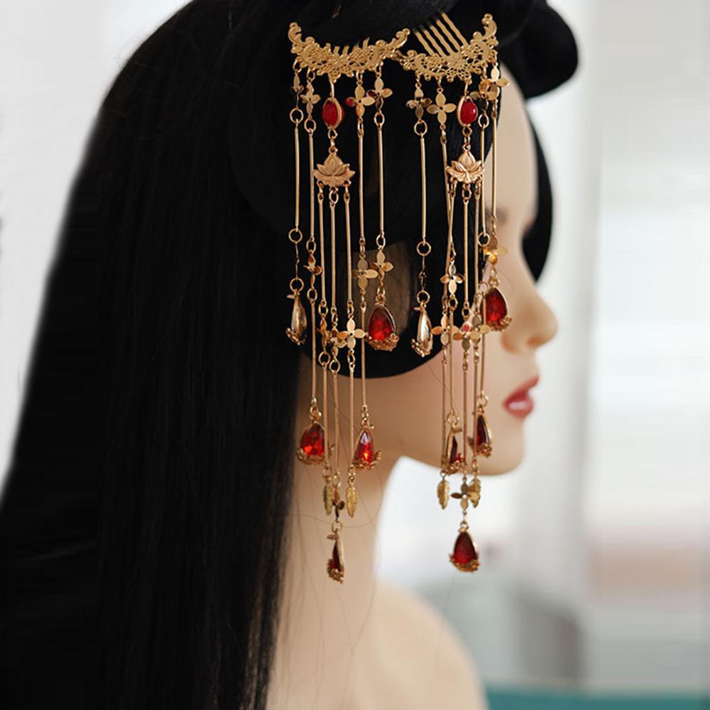 Vintage Crystal Tassel Hairpin For Women Antique Hair Stick Hair Clip Costume Chinese Hanfu Hair Accessories Side Comb Hair Pins