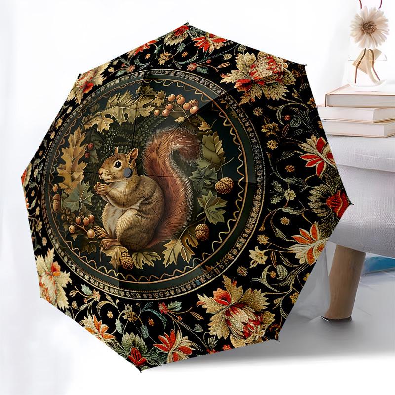 Squirrel, FloralThemed Automatic Opening and Closing Umbrella 8 Ribs, Suitable for Leisure and Going Out, Outdoor Accessory, Gothic Style,