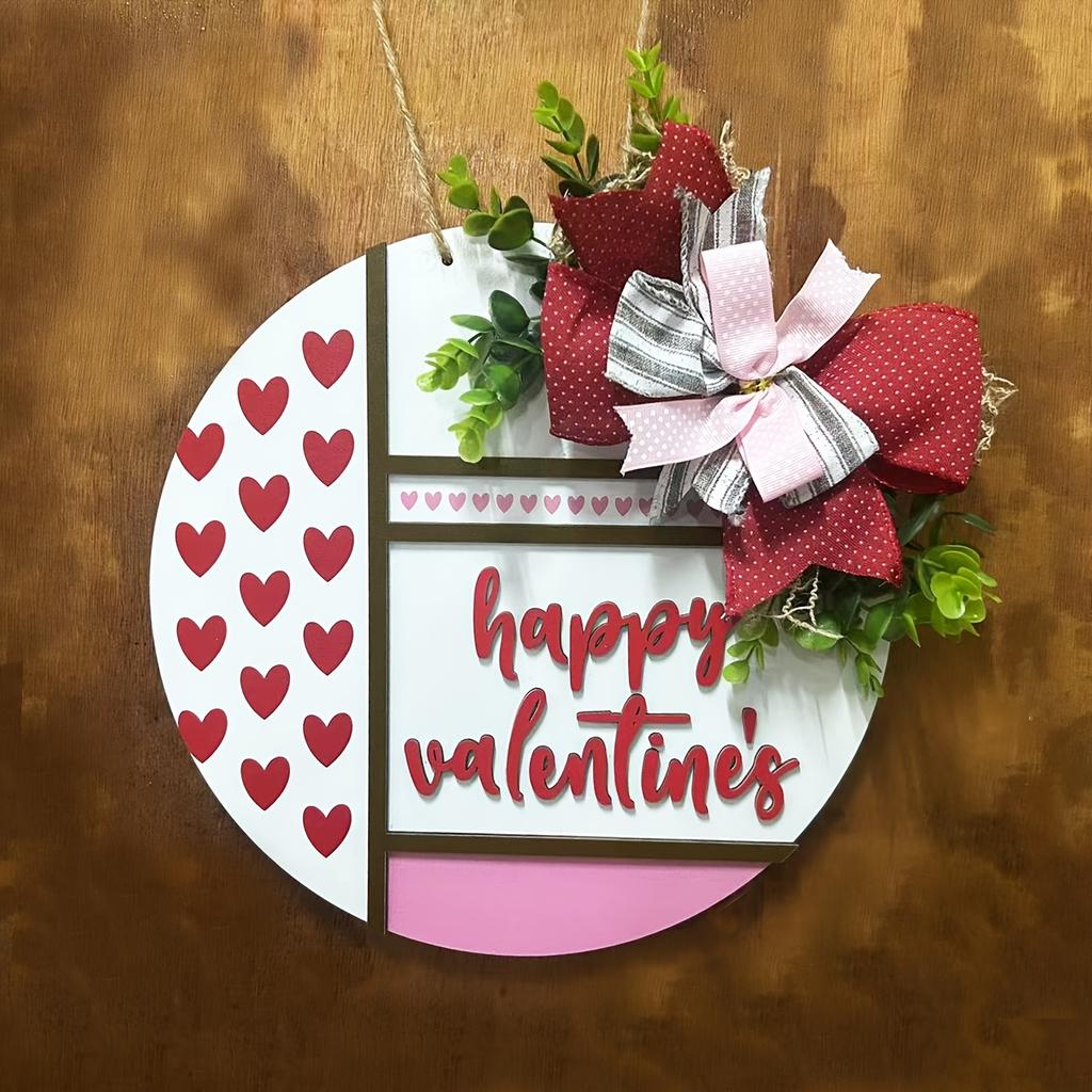 Charming 2D Valentine's Day Door Hanger - Round Wooden Wreath for Front Door, Perfect for Weddings & Engagements, Love-Themed Home Decor