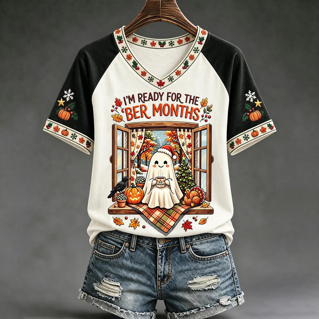 Women's Casual V-Neck Raglan Short Sleeve Color Print Top for Everyday Wear