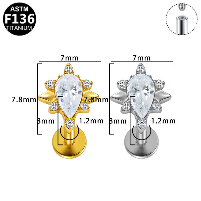 Gaibei G23 Titanium Tragus Piercing with Inner Thread and Water Drop Zirconia 3D Design