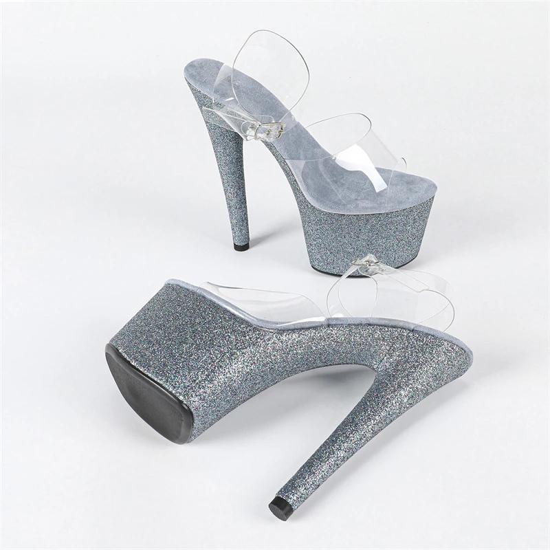 Eilyken Street Style Sequin Cloth PVC Transparent Buckle Strap Women Sandals Sexy Stiletto High Heels Stripper Prom Shoes