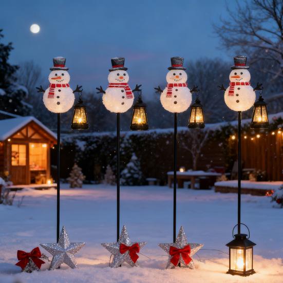Solar Christmas Lawn Light Outdoor Lighted Santa Claus Garden Stake Metal Snowman Sign with Solar Lantern Waterproof Xmas Decor for Front Yard