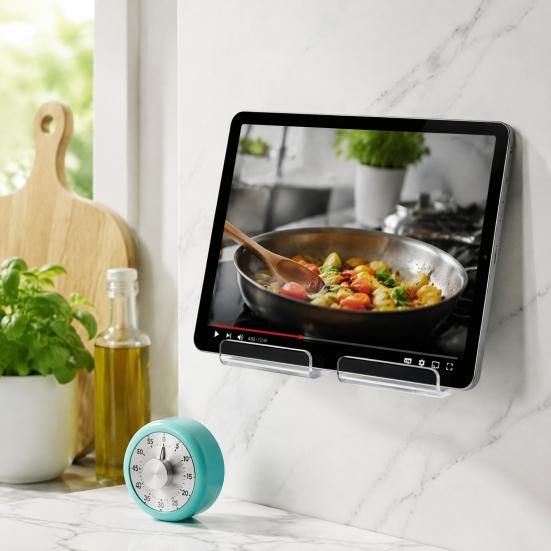 Universal Tablet Dock Acrylic Wall Mount Holder, Mounted Smartphone Stand, Kitchen Cable And Charging Hole Organizer for Living Room Office